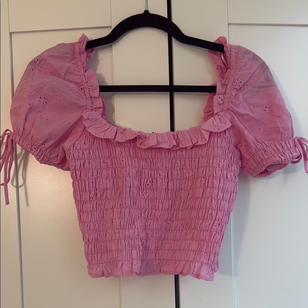Versona Pink Smocked Puff Sleeve Crop Top